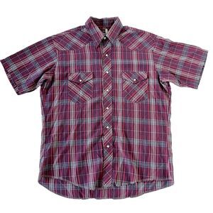 Vintage Wrangler Pearl Snap Down Short Sleeve Shirt Men’s L Plaid Maroon Purple